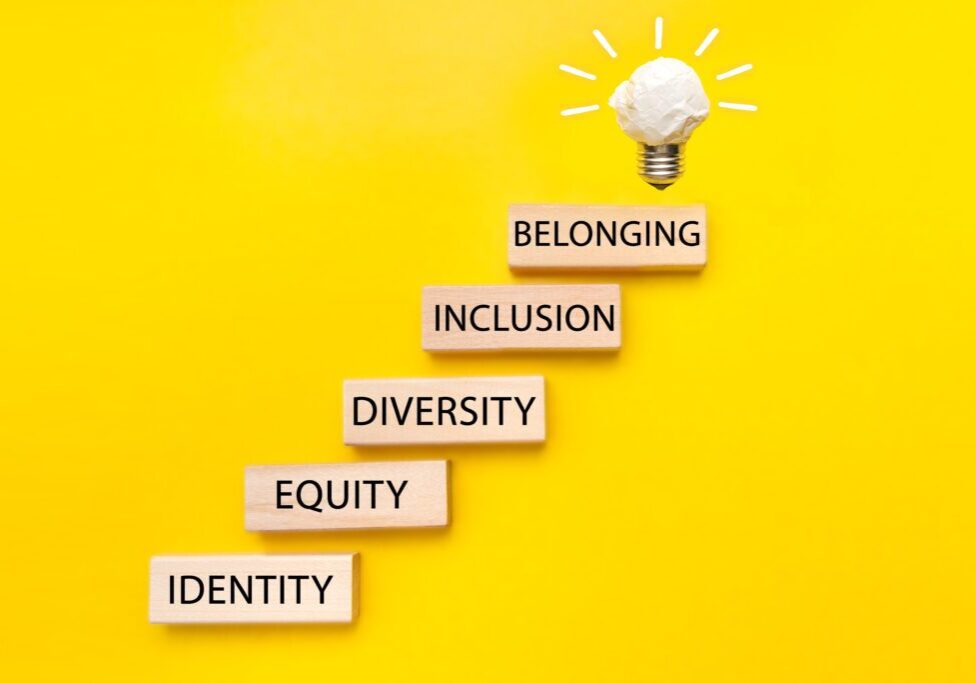 Equity, identity, diversity, inclusion, belonging symbol. Wooden blocks with words on beautiful yellow background. Inclusion, belonging