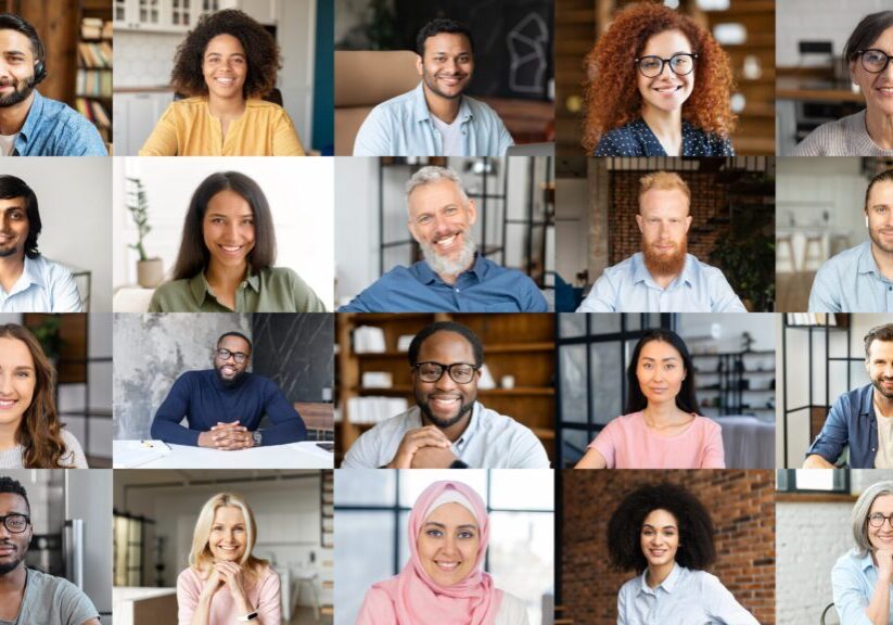 Conference call, shared screen, portraits of diverse employees. Crowded video screen, briefing, brainstorm, virtual meeting of multiracial work team, new online platform for video connection